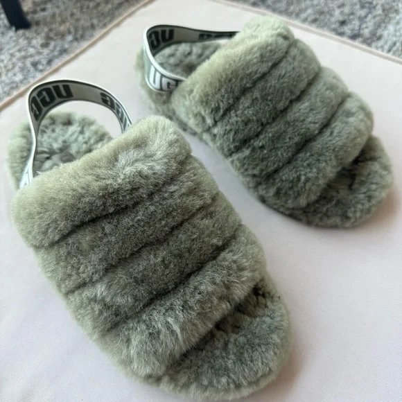 UGG Olive Green Fluffy Slippers - Picture 2 of 4